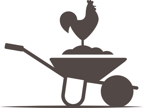 Silhouette d'un coq de profil debout sur une brouette d'agriculteur, vecteur isol&eacute; sur le th&egrave;me de la r&eacute;colte agricole et le travail &agrave; la ferme, &eacute;levage de poulets fermiers et production d'&oelig;ufs frais