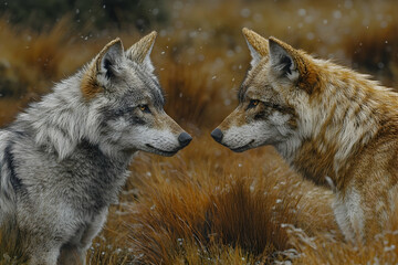 Obraz premium Two wolves face each other in snowy field.
