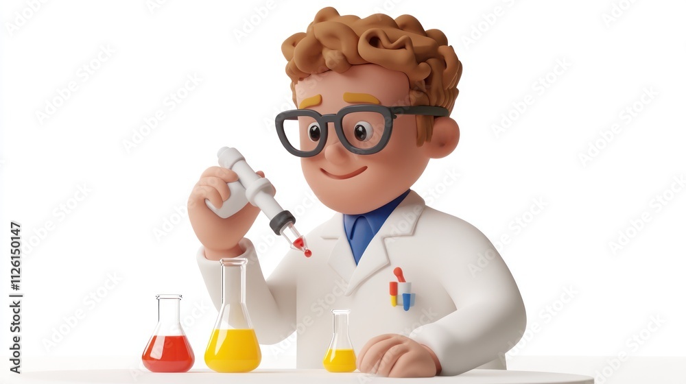 Poster a cartoon scientist conducts an experiment with colorful liquids in a laboratory setting.