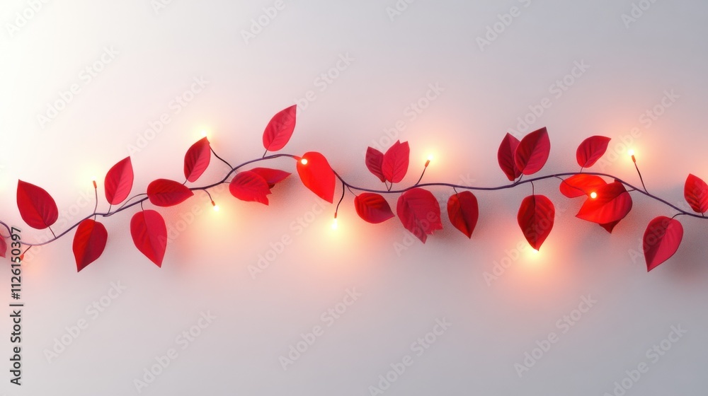 Poster a decorative string of red leaves with warm lights, ideal for festive or cozy settings.