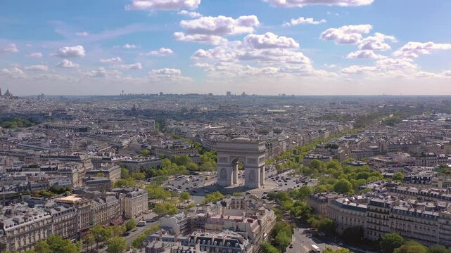 PARIS, FRANCE - OCTOBER 3, 2024 Stunning aerial view of the Arc de Triomphe surrounded by the Paris skyline and vibrant city life