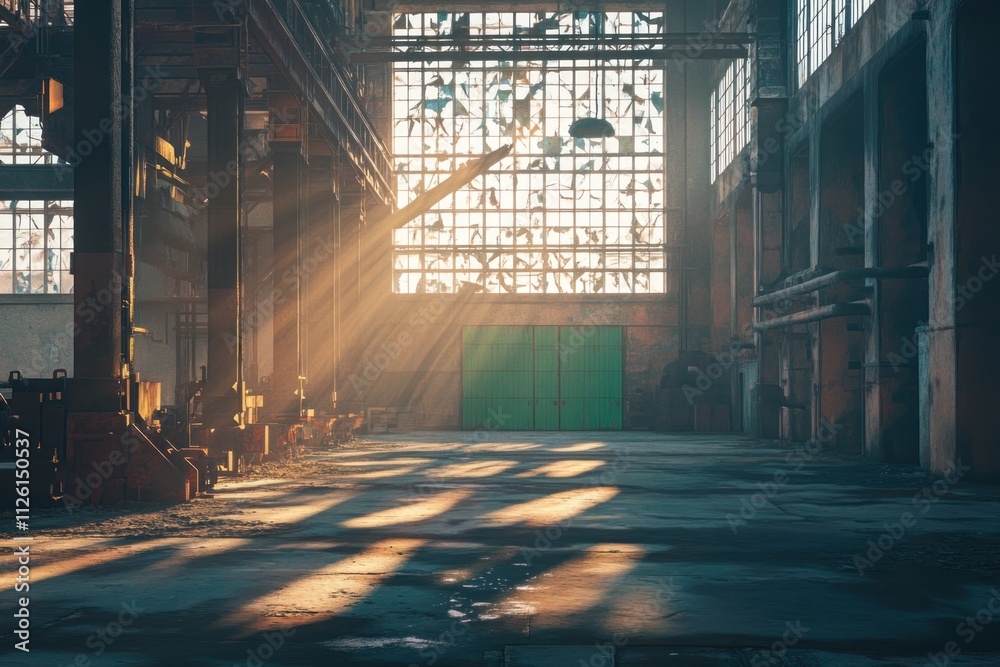 Poster An industrial space with sunlight streaming through large windows, creating dramatic shadows.