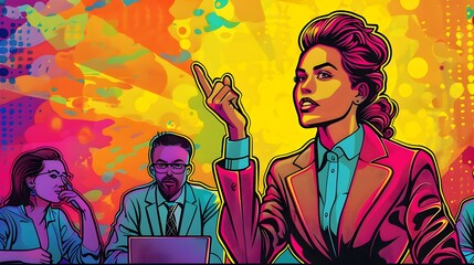 Nonbinary Leader in Vibrant Pop Art Power Suit Inspiring Colleagues During a Dynamic Brainstorming Session