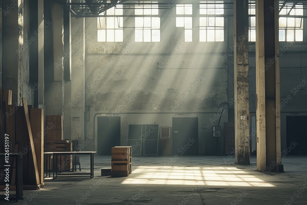 Poster An empty industrial warehouse illuminated by sunlight streaming through large windows.