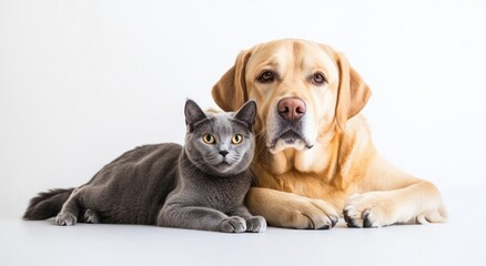 Obraz premium A dog and a cat lying together on a white background, showcasing friendship between pets.