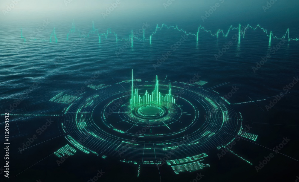 Aufkleber A digital visualization of data analytics over ocean waves, showcasing information flow.