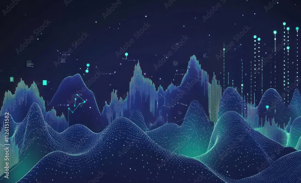 Leinwandbilder Abstract digital landscape with data visualizations and wave patterns.
