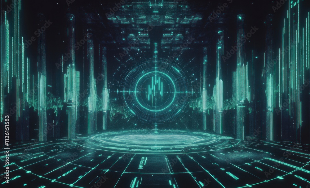 Aufkleber A futuristic digital environment featuring glowing patterns and a central circular design.