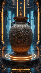 an ancient jar with intricate carvings placed on a glowing platform in a high-tech.