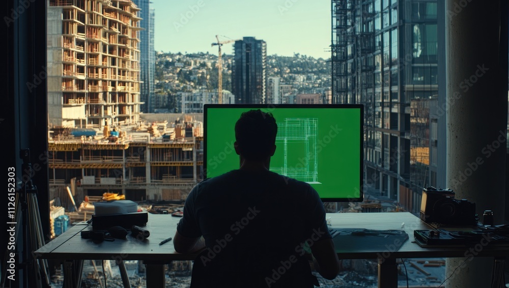 Aufkleber a person working at a desk with a computer, overlooking a construction site and cityscape.