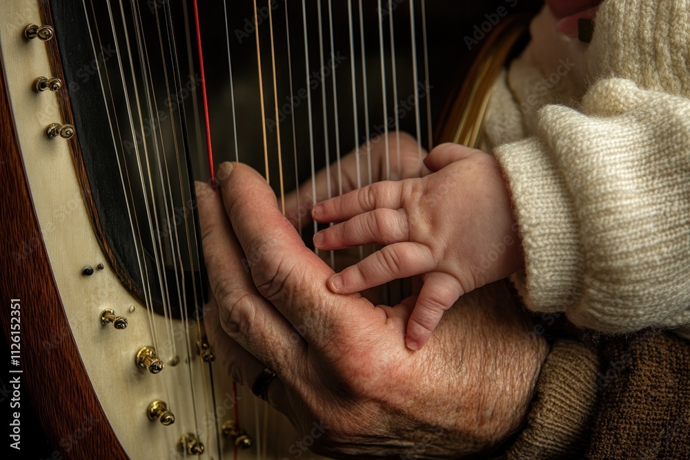 Poster a close-up of an older hand and a baby's hand gently touching harp strings.