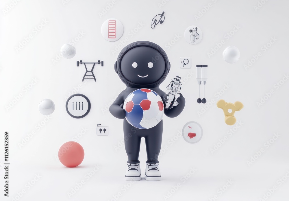 Poster a cheerful character holds a soccer ball amidst playful icons representing various activities.