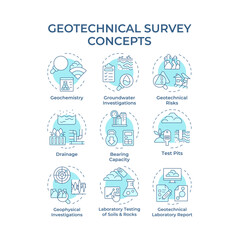 Geotechnical survey soft blue concept icons. Civil engineering ground investigation. Geodetic technology. Icon pack. Vector images. Round shape illustrations for articles. Abstract idea
