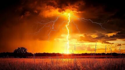 Dramatic lightning strike over fiery sunset in open field