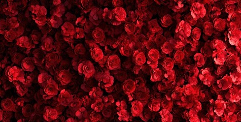 A vibrant display of red roses, creating a lush and romantic backdrop.