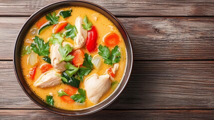 chicken soup broth steaming concept. Delicious chicken soup with fresh vegetables in a rustic bowl.