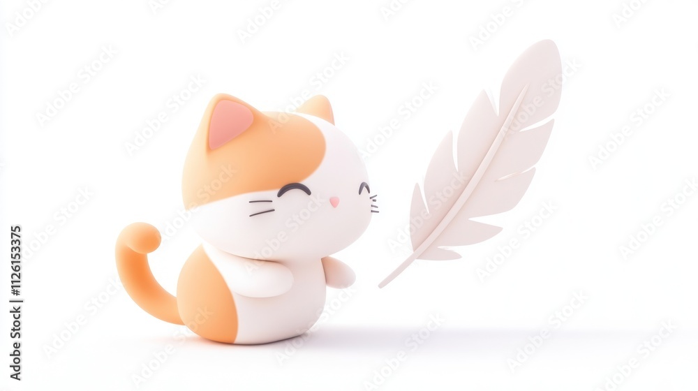 Poster A cute cartoon cat character playfully interacting with a large feather.