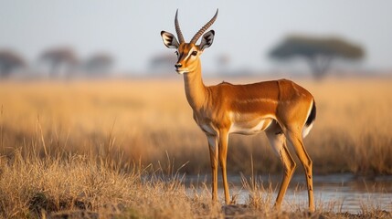 Fototapeta premium In the soft light of dusk, a solitary antelope gazes across the vast African savanna, surrounded by golden grasses and distant acacia trees