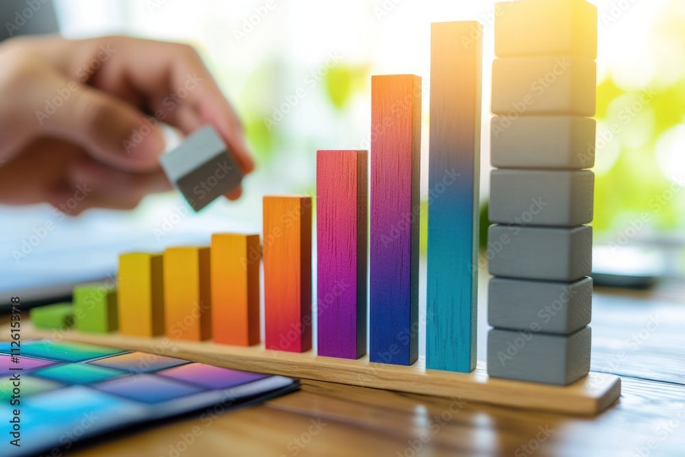 Aufkleber a hand places a block on a colorful bar chart, symbolizing growth and progress.