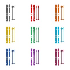 Ski and sticks flat icon isolated on white background. Set icons colorful