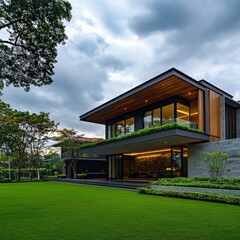 Obraz premium modern house exterior with lush green lawn and cloudy sky