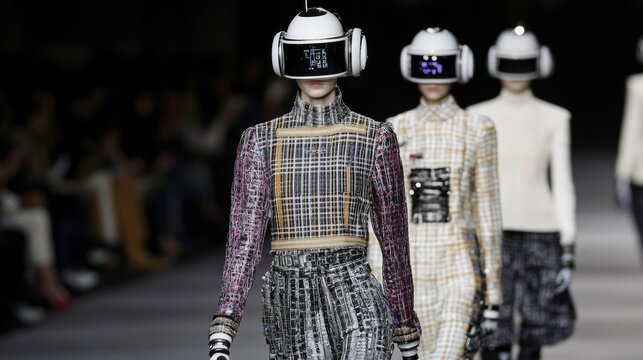 Futuristic fashion show with robotic-outfit models walking the runway