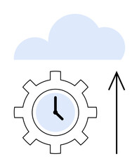 Gear with clock in center, cloud above, and upward arrow. Ideal for innovation, cloud computing, efficiency, automation, time management technology future growth. Line metaphor