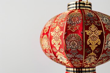 Vibrant red and gold Chinese New Year lantern with intricate designs, isolated on white background, classic and celebratory