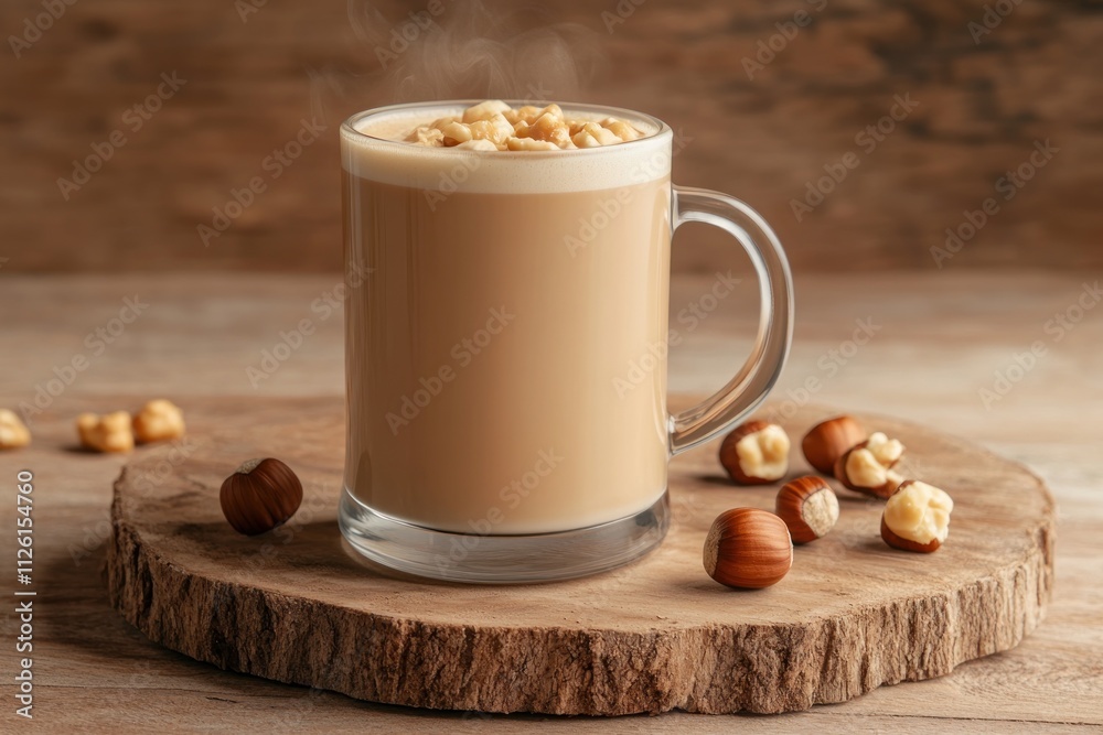 Poster a steaming cup of coffee topped with nuts, surrounded by hazelnuts on a wooden surface.