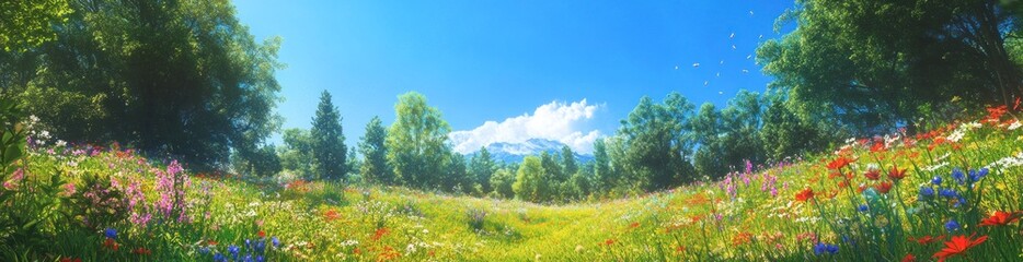 Fototapeta premium A vibrant meadow filled with colorful flowers under a clear blue sky and distant mountains.