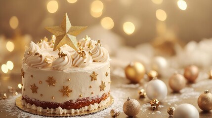 Fototapeta premium A festive cake adorned with a golden star and decorations, set against a bokeh background.