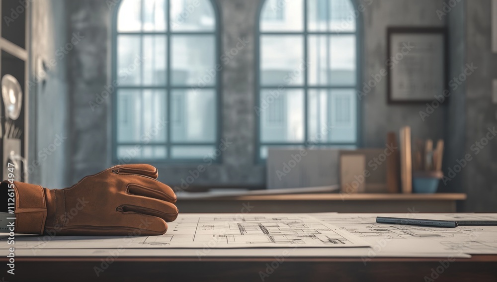 Poster a hand in a leather glove rests on architectural blueprints in a workspace.