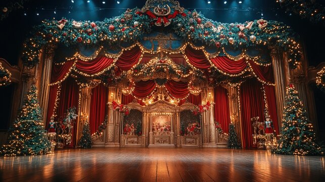 Christmas nutcracker ballet scene, with festive stage decorations