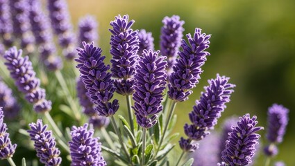 Naklejka premium Close-up of vibrant lavender flowers in a sunny garden, natural beauty