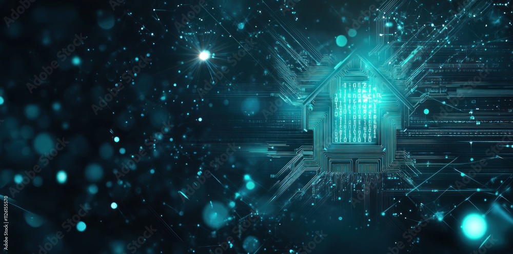 Wall mural a futuristic digital representation of a house with data streams and glowing elements.