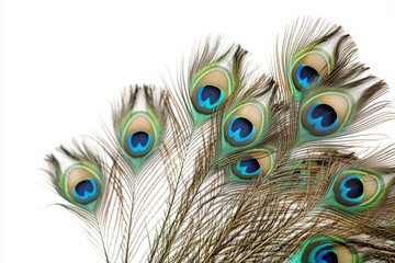 Obraz premium Colored peacock feathers on a white background