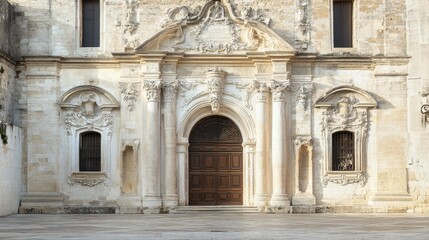 Naklejka premium Ornate Stone Facade with a Wooden Door