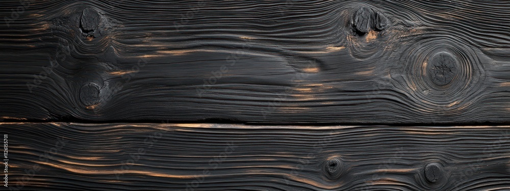 Poster a close-up view of textured black wood with natural grain patterns.