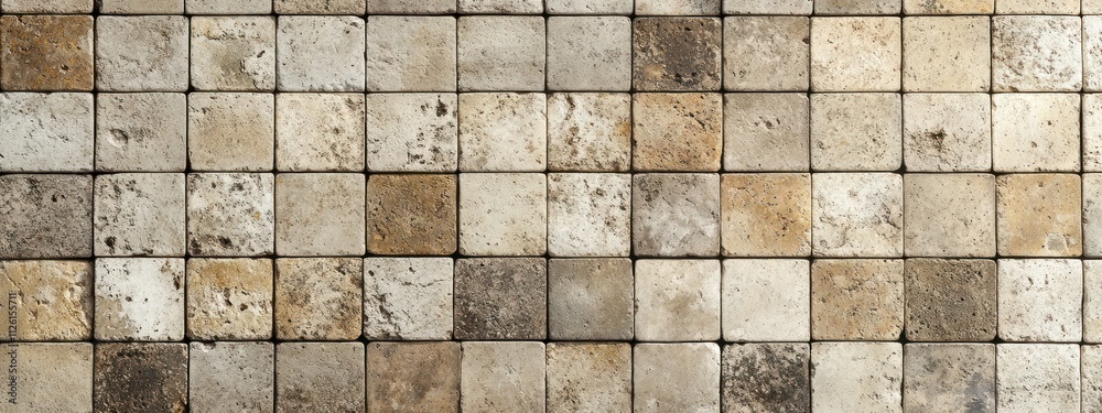 Poster a textured surface of square tiles in various shades of beige and gray.