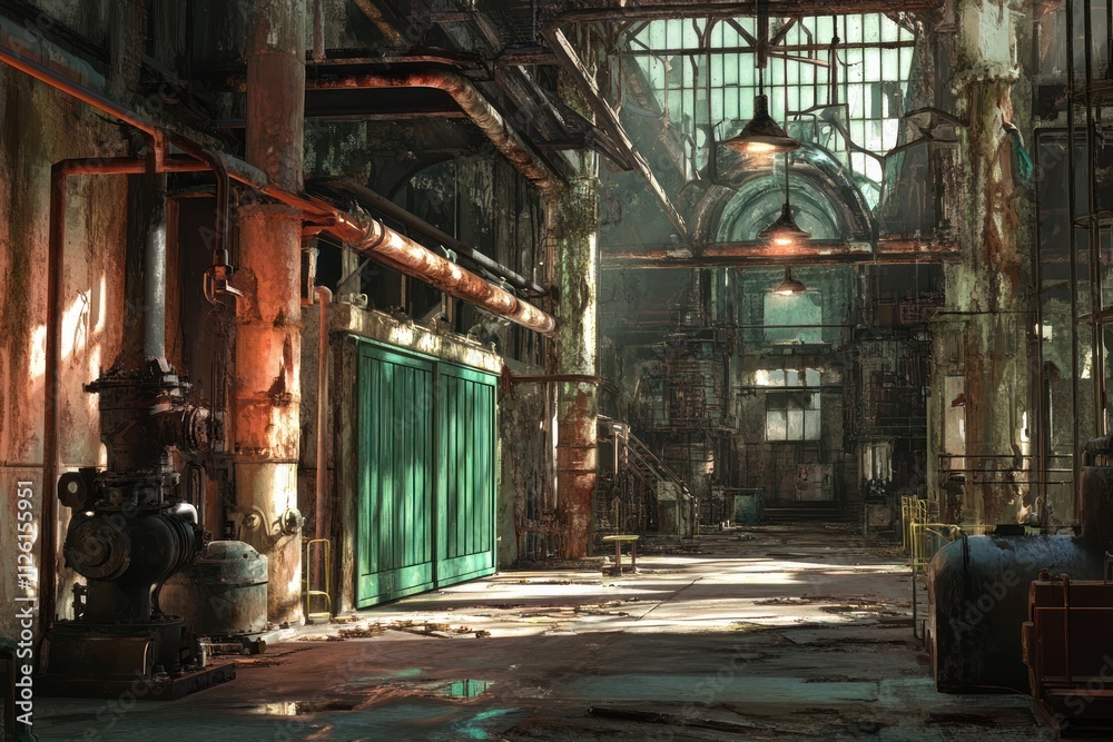 Poster An abandoned industrial space with rusted machinery and sunlight filtering through windows.