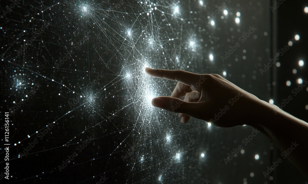 Wall mural a hand interacts with a digital display of interconnected stars and cosmic elements.