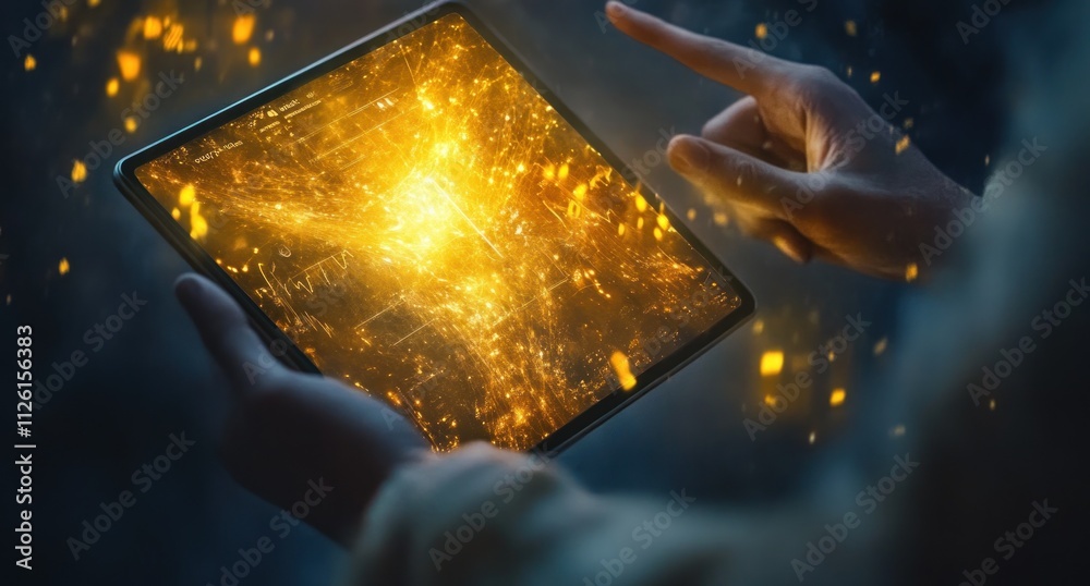 Leinwandbilder a person interacts with a glowing tablet displaying digital data and abstract visuals.