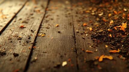 Fototapeta premium A close-up of a wooden surface scattered with leaves and debris, suggesting a natural setting.