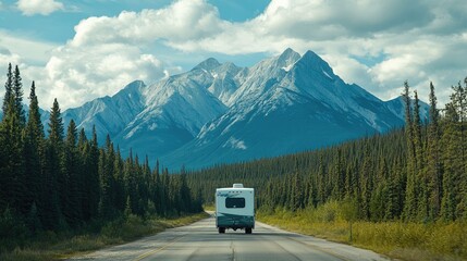 RV Drives Towards Majestic Mountain Range
