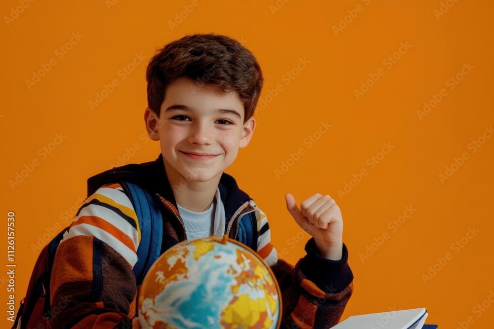 Poster a smiling boy with a globe and a notebook, ready for school against an orange background.