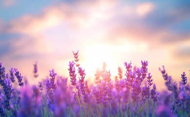 Naklejka premium A serene lavender field at sunset, showcasing vibrant colors and natural beauty.