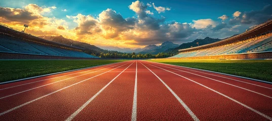 Selbstklebende Fototapeten running track in a stadium, wide angle, with a sky filled with clouds © hakule