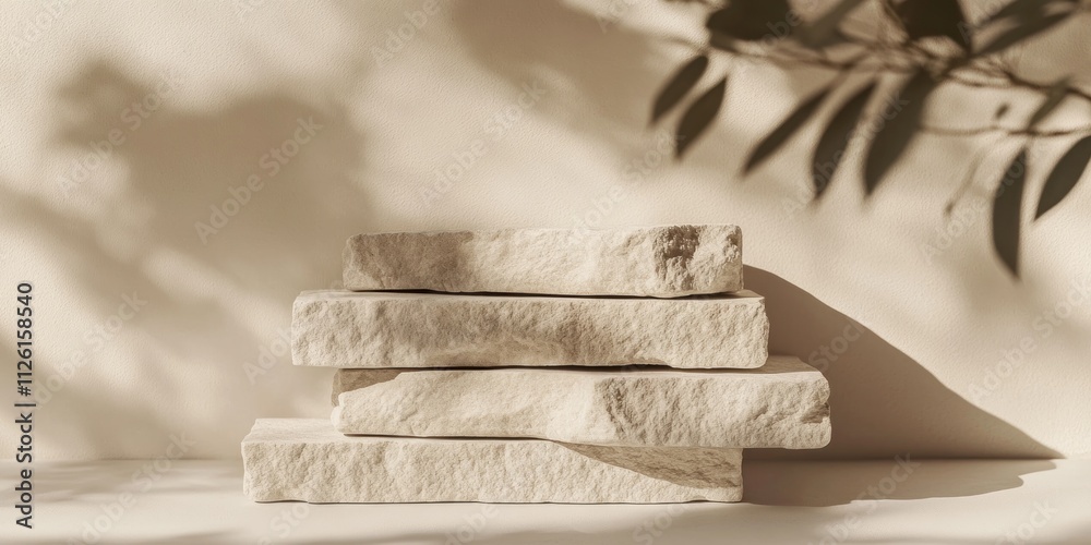 Poster A minimalist arrangement of stacked stones casting soft shadows on a light background.