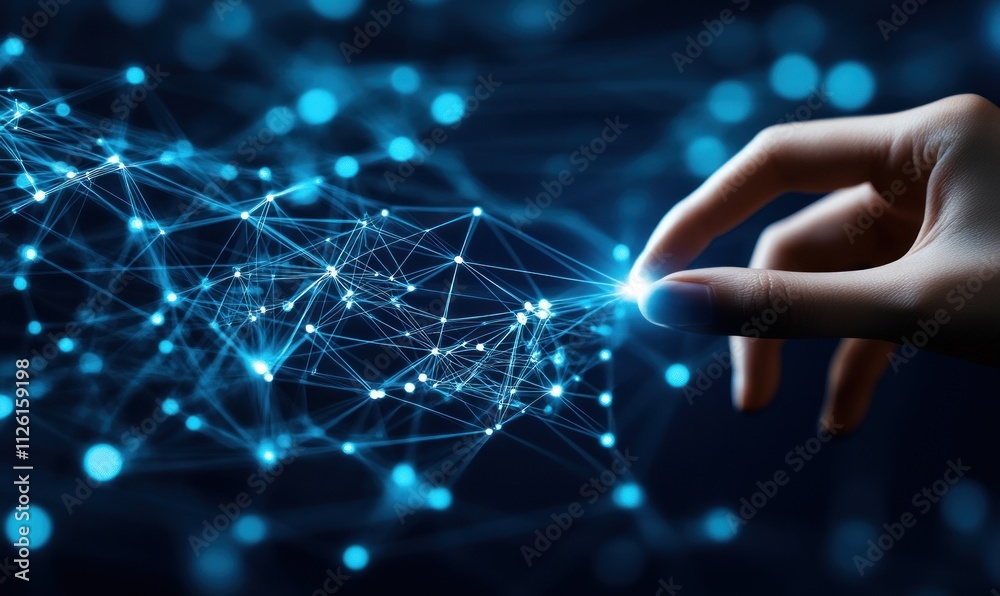 Wall mural a hand reaching out to connect with a network of glowing nodes and lines, symbolizing technology.