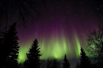 Naklejka premium A stunning display of the aurora borealis over silhouetted trees at night.
